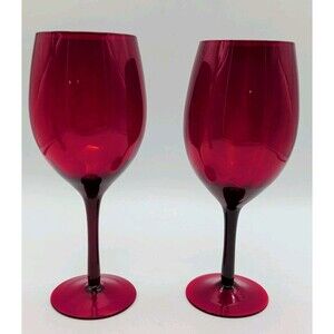 Handblown Ruby Red Wine Glasses Optic Glass Swirl Lines Set Of 2